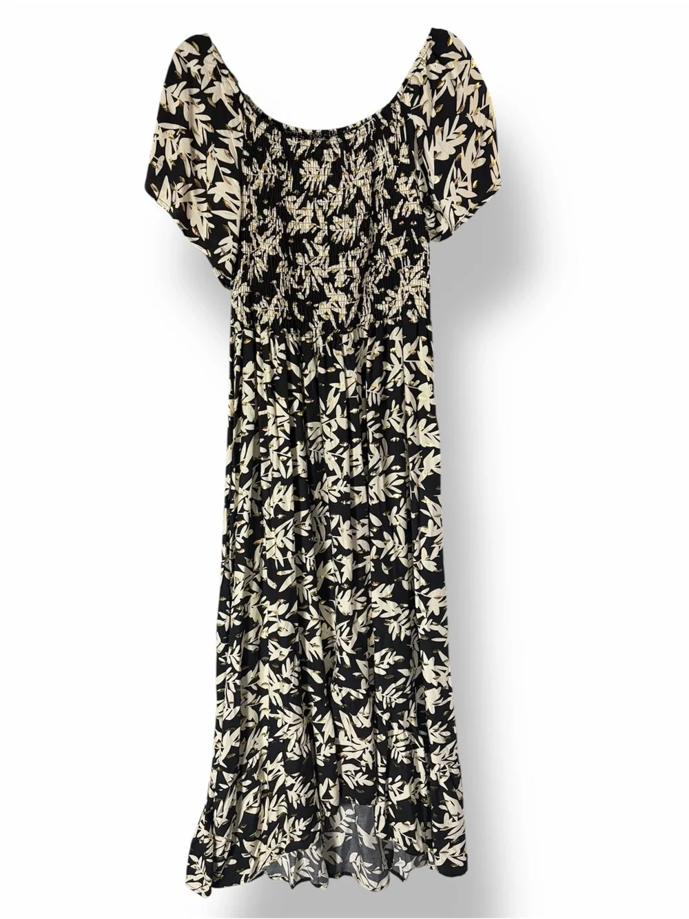 Kindred Smocked Off-Shoulder Black Metallic Gold Floral High Low Midi Dress 2X